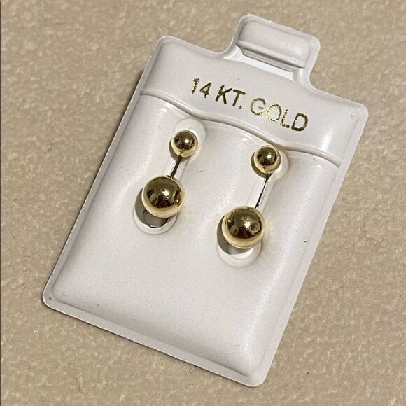 Double ball two hole earrings 14k solid gold real gold telephonic earrings - Picture 9 of 11